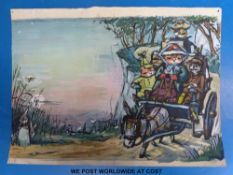 CAM (Barbara Mary Campbell) original watercolour art work of cats on a donkey cart,