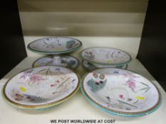 Four Minton hand painted tazzas and two matching plates