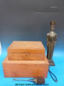 A mahogany box together with an oak box and companion set in the form of a soldier