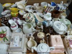 A collection of teapots, cheese dishes, jugs etc to include bargeware, lustre,