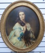 A large oval print of a lady in period dress (max diameter 74cm)