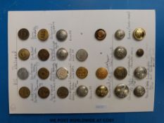 Two cards of United States and Canada railway buttons including an unusual Indian PTA with