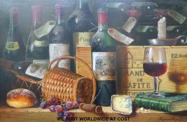 Raymond Campbell (20thC) oil on board, still life of wine, cheese,