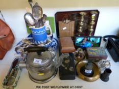 Brass candlesticks, plated cutlery, Wedgwood bowl etc.
