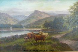 Tom Seymour (1844-1904) pair of oils on canvas both highland cattle with lake and mountains beyond,