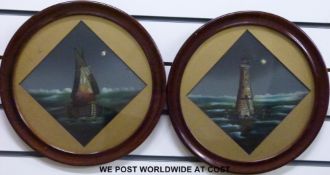A pair of early 20thC inlaid mother of pearl watercolours of moonlit maritime scenes in round