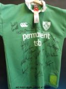 An autographed Ireland rugby shirt signed by 20 players on the tour of New Zealand 2002.
