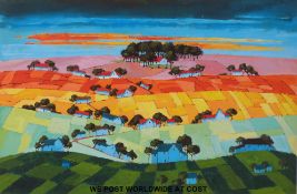 A signed limited edition (115/195) print of a colourful landscape