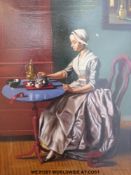 Oil on canvas 'Dutch girl at breakfast' after the original by Jean-Etienne Liotard,