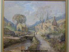 Oil on board rural cottages and stream signed R.G.