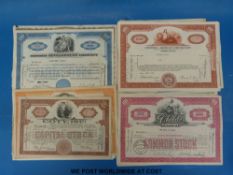 Twenty five share certificates including Mission Electrical, oil, railroads,