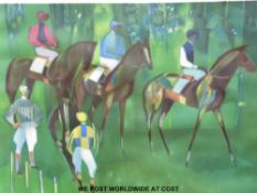 Signed limited edition (86 / 180) print race horses with jockeys in colourful silks in stylised