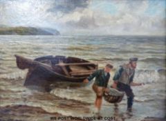 Colin Hunter (1841-1904) oil on canvas of a fisherman and a boy carrying a basket of fish from