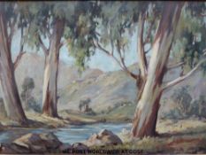 Johan Oldert (South African 1912-1984) oil on canvas wooded river valley with hills beyond,