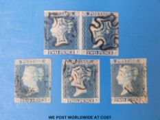 1841 2d Blue x 3 and a pair with Black Maltese Cross