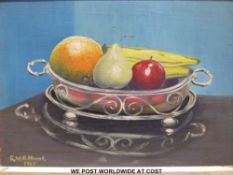 GWG Hunt oil on canvas of a bowl of fruit together with a watercolour of roses,