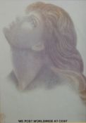 A print of May Morris looking skywards by Rossetti,