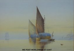 F Searle watercolour of shipping signed lower right (24 x 34cm) together with a watercolour of a