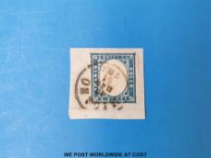 Italy 1862 20c Blue used (SGa) on piece
