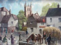 Reginald John Mitchell (b1923) oil on canvas of a village scene with a horse drinking from a trough