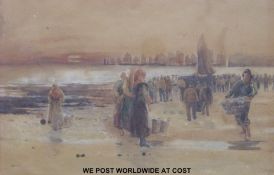 E D Percival watercolour of fishermen carrying baskets of fish from a boat on a beach at Newlyn,
