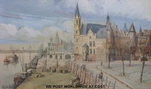 Fritz Van Luppen watercolour of continental dockside scene with castle to right.