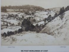 Harold Sayer limited edition (17/100) engraving 'Cotswold Village' probably Slad Valley,