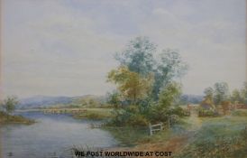 Norman Bradley watercolour 'Near Stratford-on-Avon' river landscape with cottages and cattle,