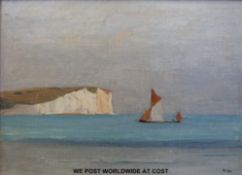 Norman Wilkinson oil on board 'Seaford Head' barge in front of cliffs in seascape.