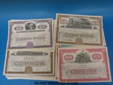 Thirty four share certificates including Virgina pulp and paper, oil, steel,