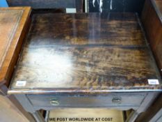 A late 17th or early 18thC elm topped single drawer side table with turned legs united by