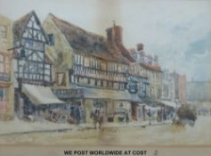 Ernest Parkman (1856 - 1921) watercolour of busy street scene with the Swan Commercial Hotel to the