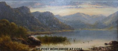 Pair of possibly Victorian oils on board, mountains, lakes, fishing,