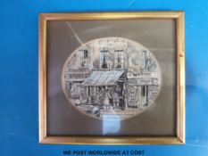 A framed original ink and watercolour of gentleman browsing outside a bookshop, initialled E.A.E.