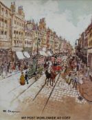 Margaret Chapman (1940-2000) oil on canvas busy street scene with horse drawn trams and shops
