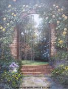 Clive Madgwick RBA (1934 - 2005) oil on canvas of roses above a gateway (44 x 33cm)
