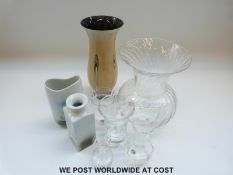 A selection of Dartington, Wedgwood and Caithness glass vases and a paperweight,