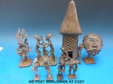 An African Ashanti bronze figural face on stand,