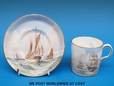 A Royal Crown Derby coffee can and saucer hand decorated with scenes of sailing ships under full