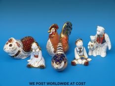 Six Royal Crown Derby paperweights including Bantam Cockerel, Guinea Pig,
