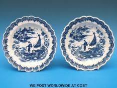 A pair of 18thC Caughley blue and white lobed dishes in the Fisherman and Cormorant pattern.