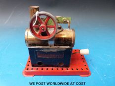 A Mamod Minor 2 overtype stationary live steam engine with early style vapourising lamp and no