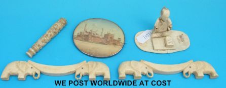 An Indian miniature watercolour, elephant knife rests, needle case etc.