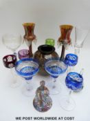 Fourteen pieces of various glassware to include a set of five flash overlaid cut glass hock glasses
