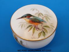 A larger Royal Worcester pill box hand decorated with a kingfisher and signed Powell, puce mark (4.