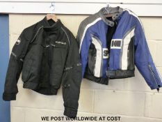 A Spyke reinforced and lined leather motor cycle jacket, in blue, black, white and silver styling,