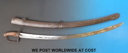 A large 19thC curved sword with crown over number 1 to blade and SLD to handle and scabbard (length