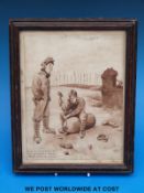 A framed drawing showing two men trying to dismantle a torpedo signed R.D.