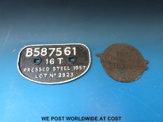 A 16T British Rail railway wagon plate and a 1944 LMS wagon plate