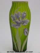 Probably Daum glass vase with irridescent green ribbed ground and satin finish decorated in relief